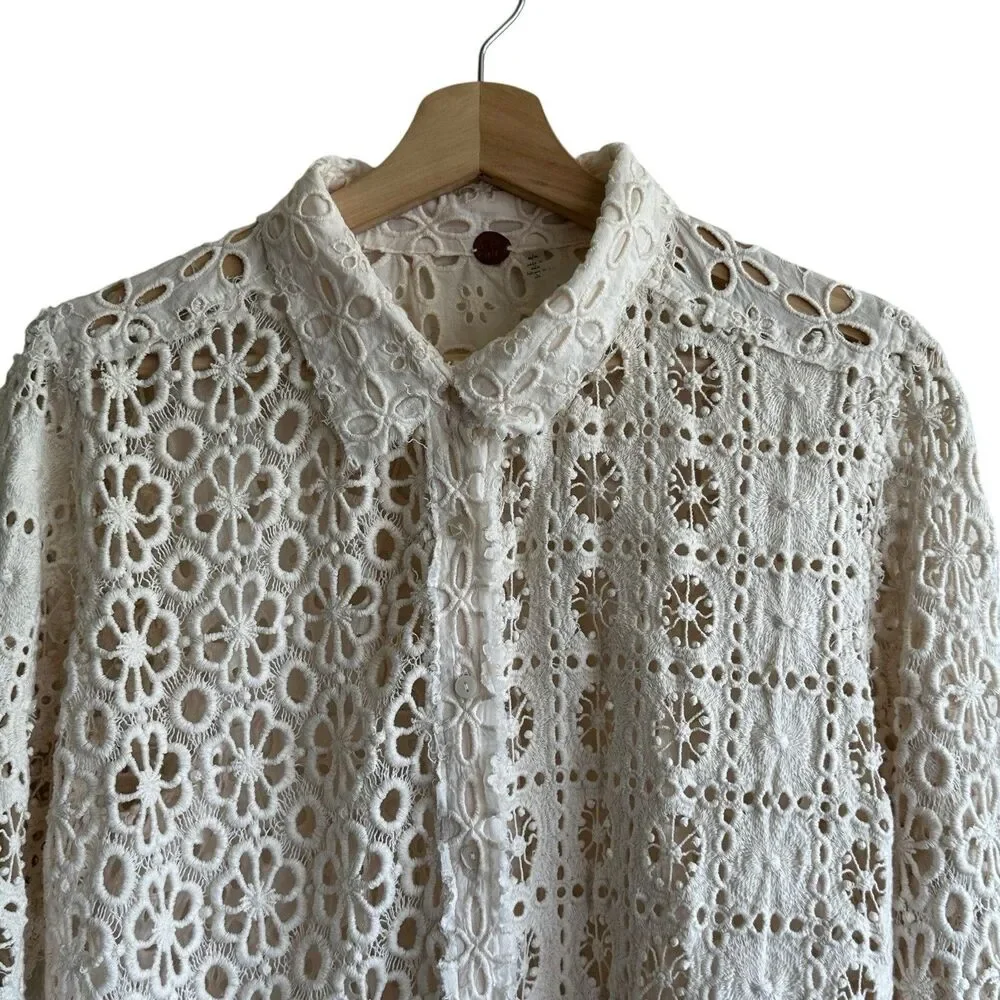 Free People FP One Yesenia Blouse M Crochet Embroidered Button Down Ivory Boho